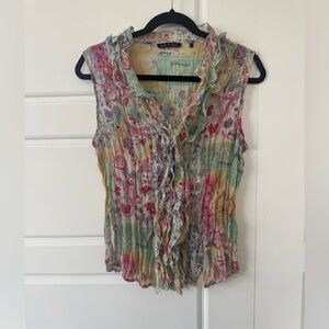 Violet & Claire Muted Pastel Floral Pleated Ruffle Semi Sheer Blouse Size Large